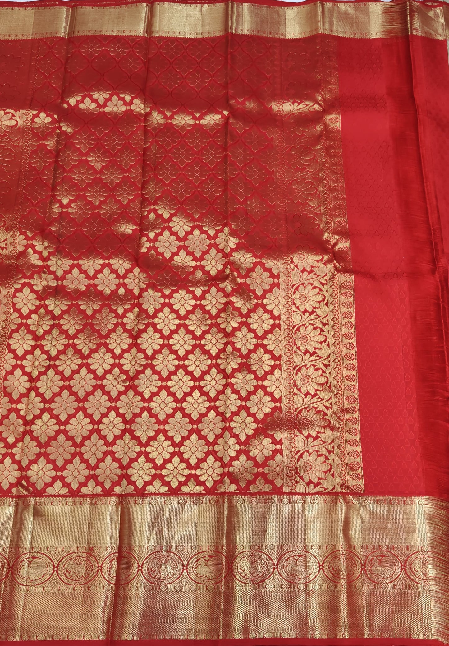 Off-white Korvai Silk Saree with Red Border