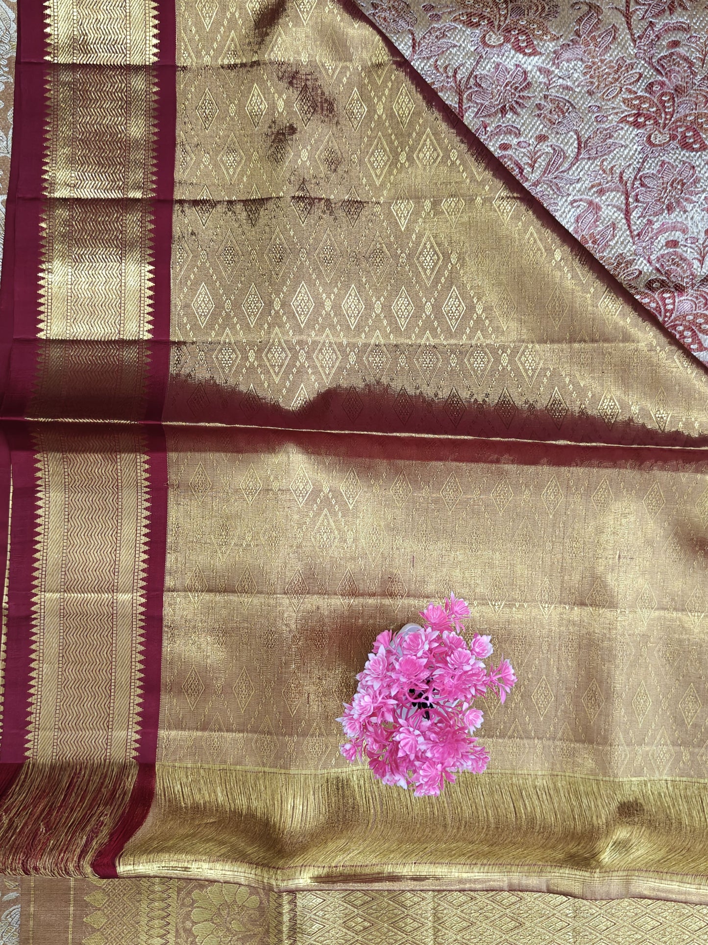 Gold Tissue Silk Saree with Maroon Border