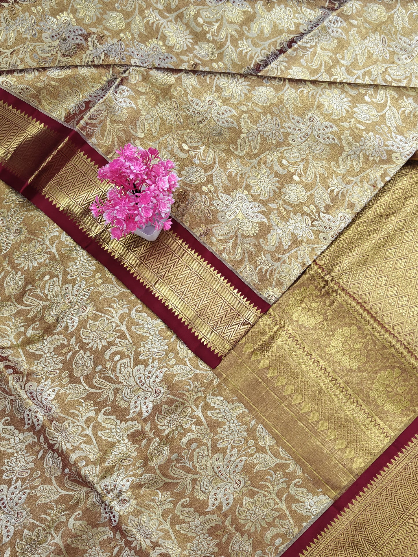 Gold Tissue Silk Saree with Maroon Border