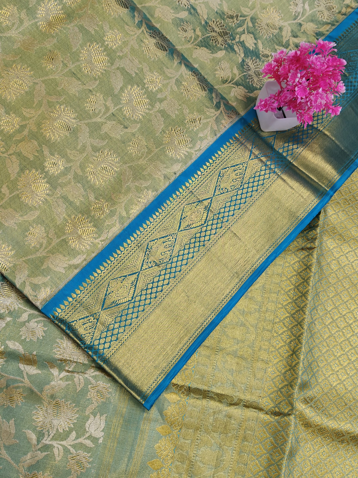 Green Tissue Silk Saree with Sky blue Border