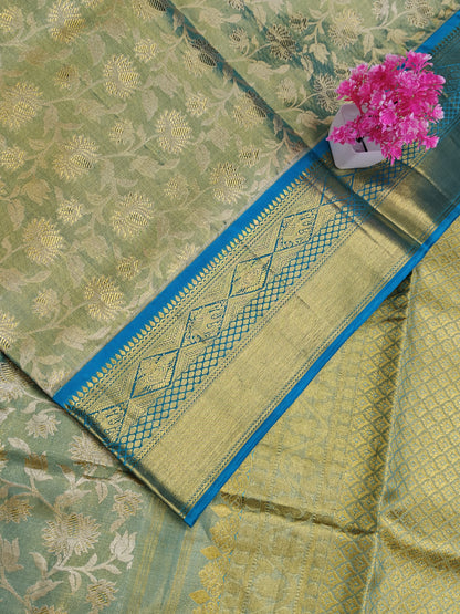 Green Tissue Silk Saree with Sky blue Border
