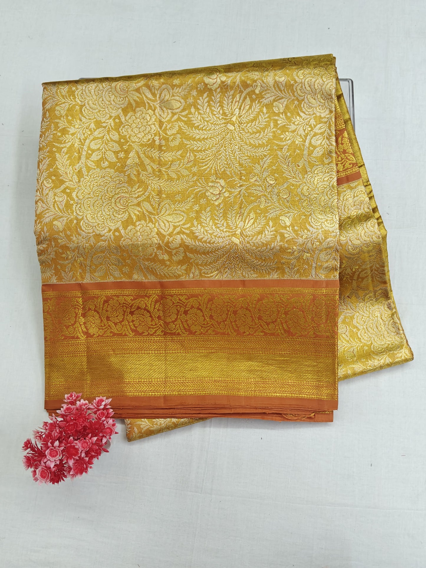 Gold Tissue Silk Saree with Orange Border