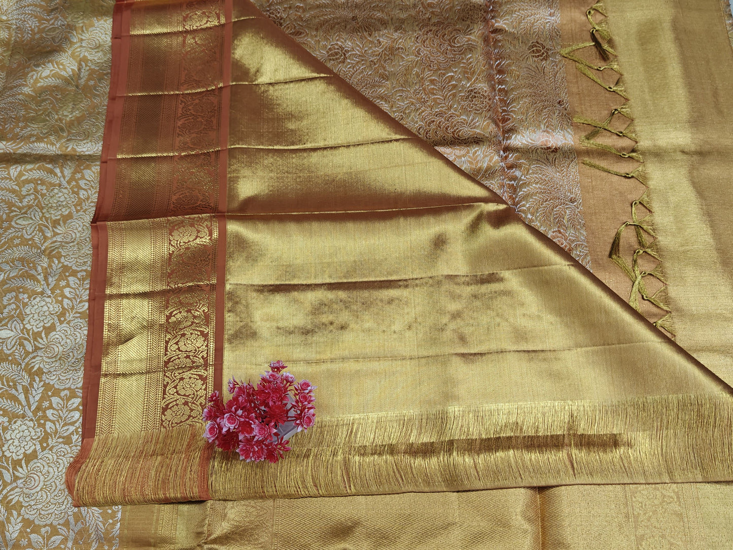 Gold Tissue Silk Saree with Orange Border