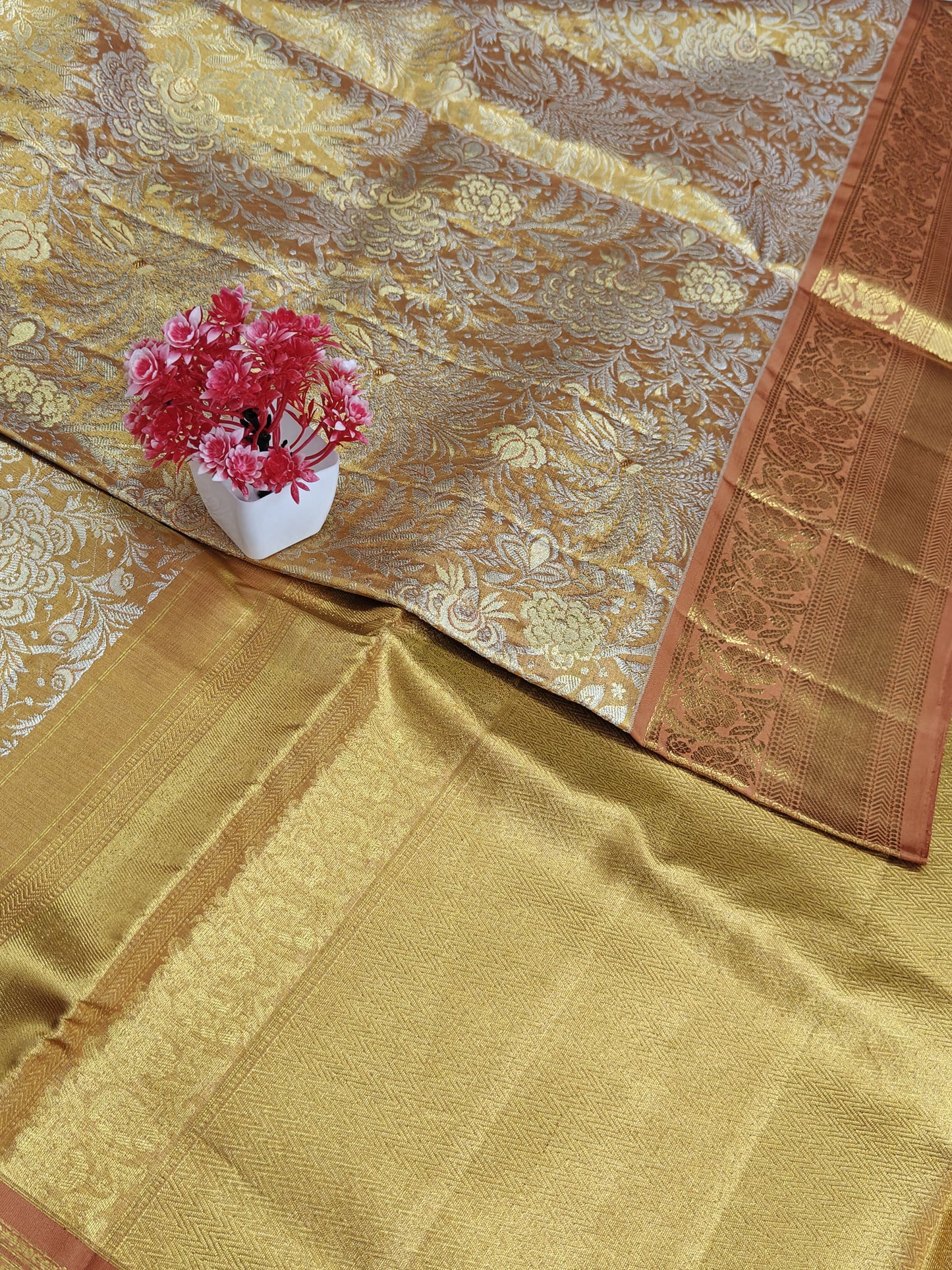 Gold Tissue Silk Saree with Orange Border