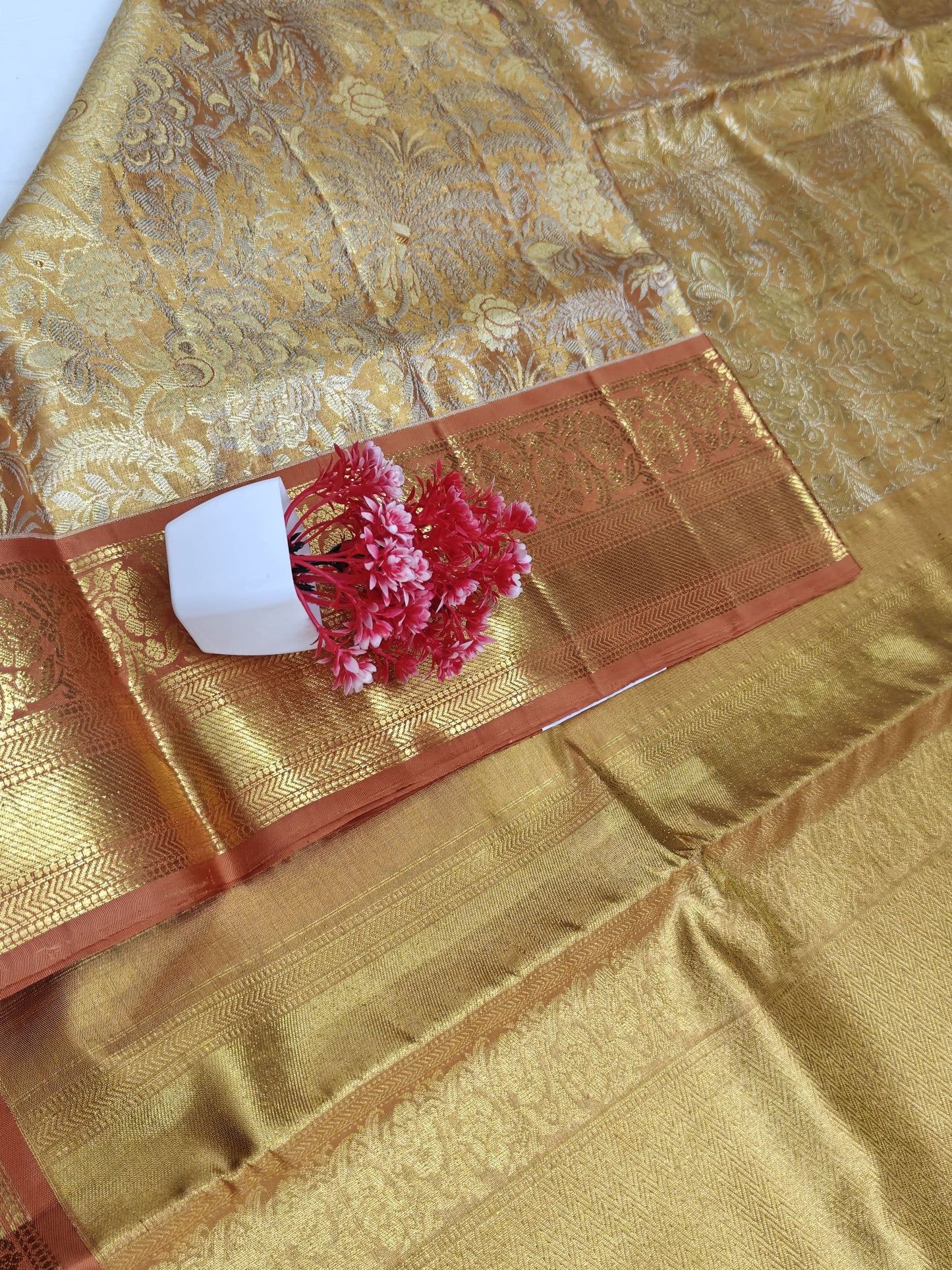 Gold Tissue Silk Saree with Orange Border