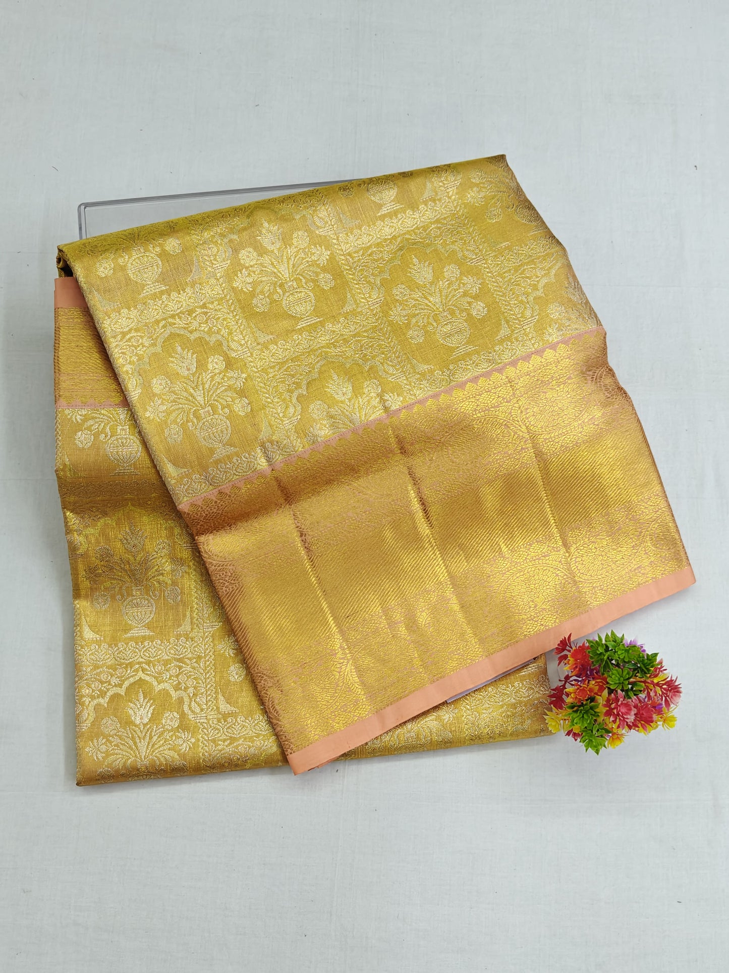 Gold Tissue Silk Saree with Pink Border