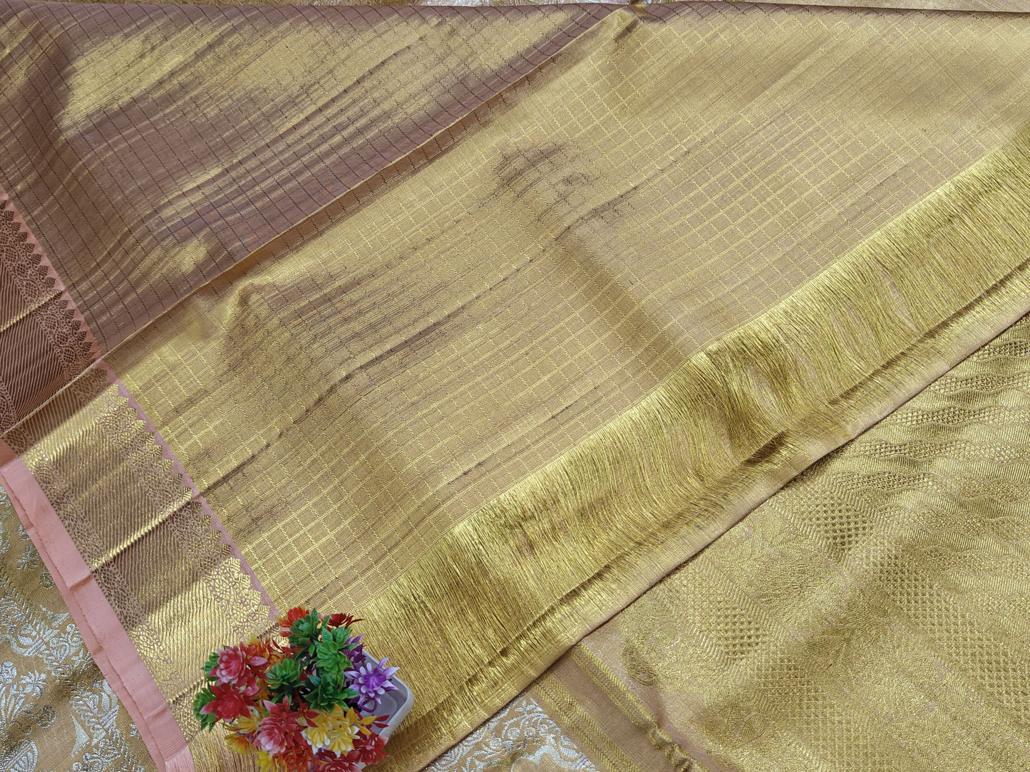 Gold Tissue Silk Saree with Pink Border