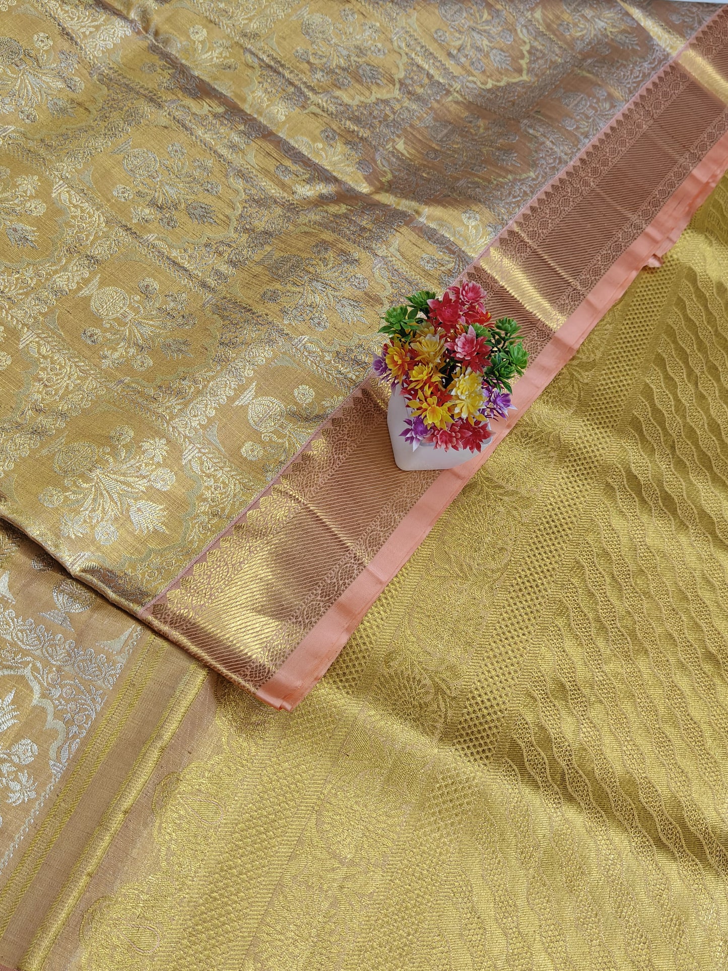 Gold Tissue Silk Saree with Pink Border