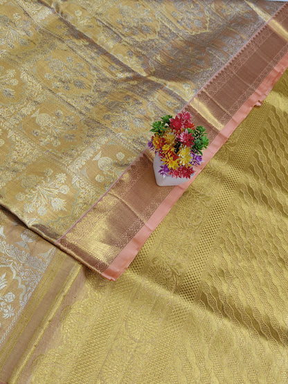 Gold Tissue Silk Saree with Pink Border