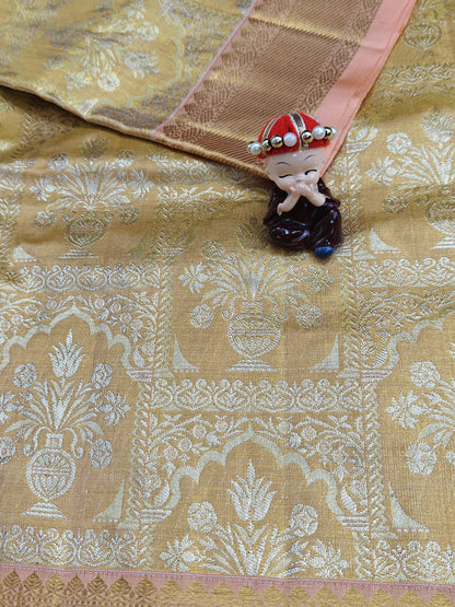 Gold Tissue Silk Saree with Pink Border