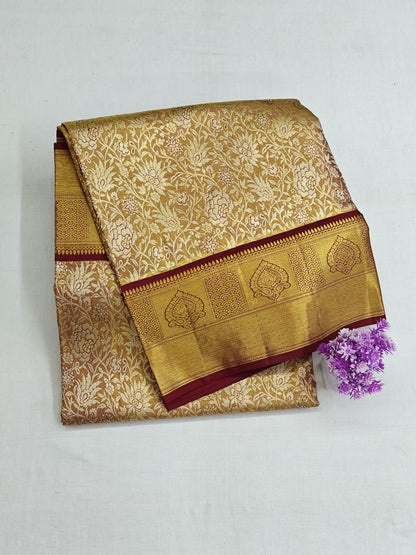 Gold & Silver Zari Tissue Silk Saree with Maroon Border