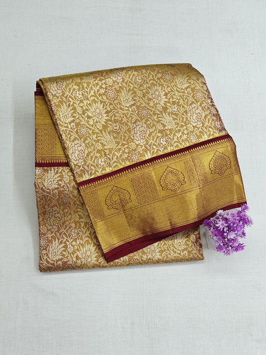 Gold & Silver Zari Tissue Silk Saree with Maroon Border