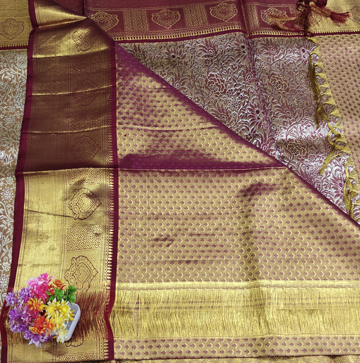 Gold & Silver Zari Tissue Silk Saree with Maroon Border