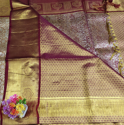 Gold & Silver Zari Tissue Silk Saree with Maroon Border