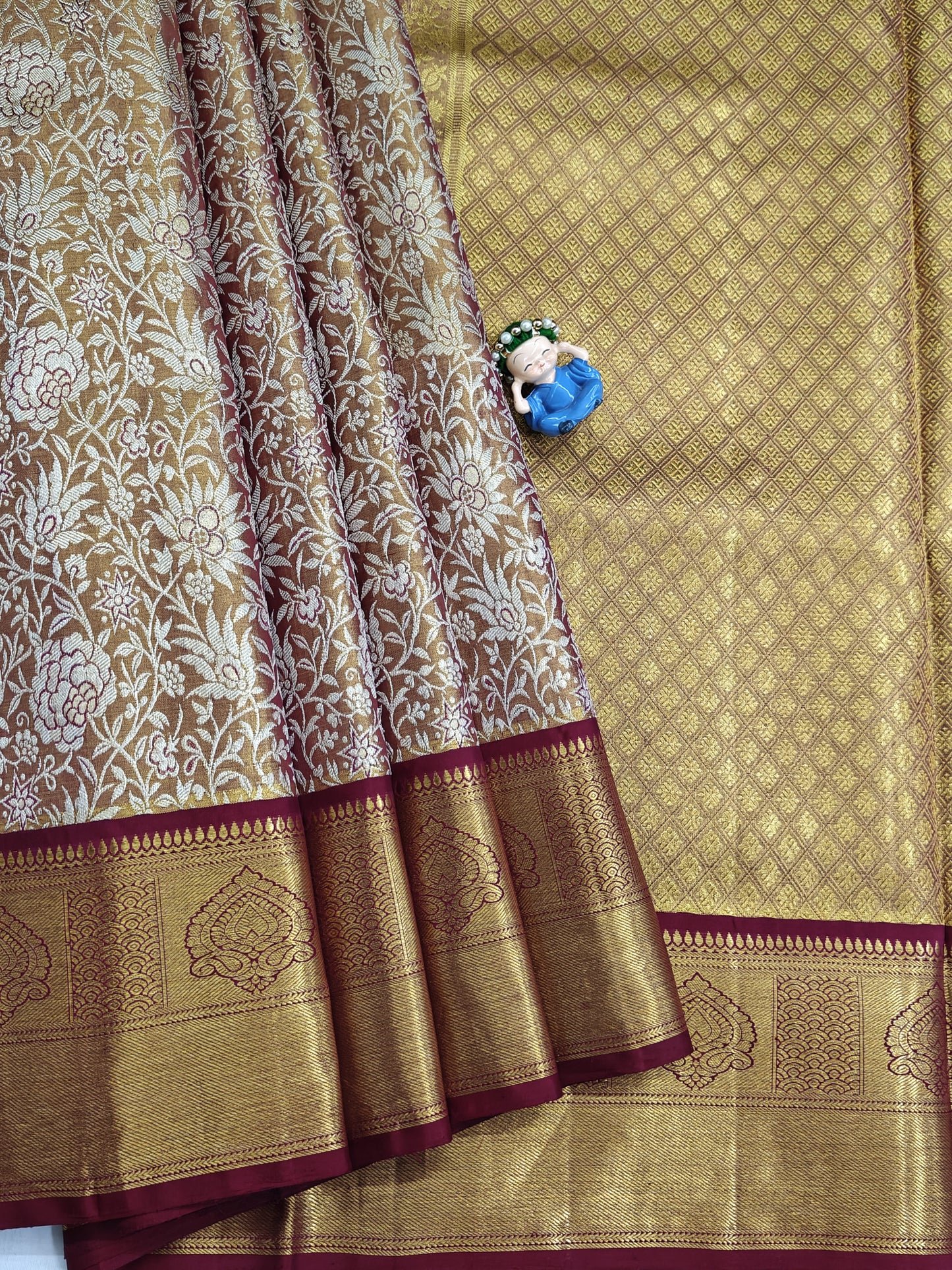 Gold & Silver Zari Tissue Silk Saree with Maroon Border