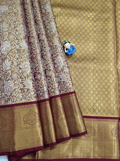 Gold & Silver Zari Tissue Silk Saree with Maroon Border
