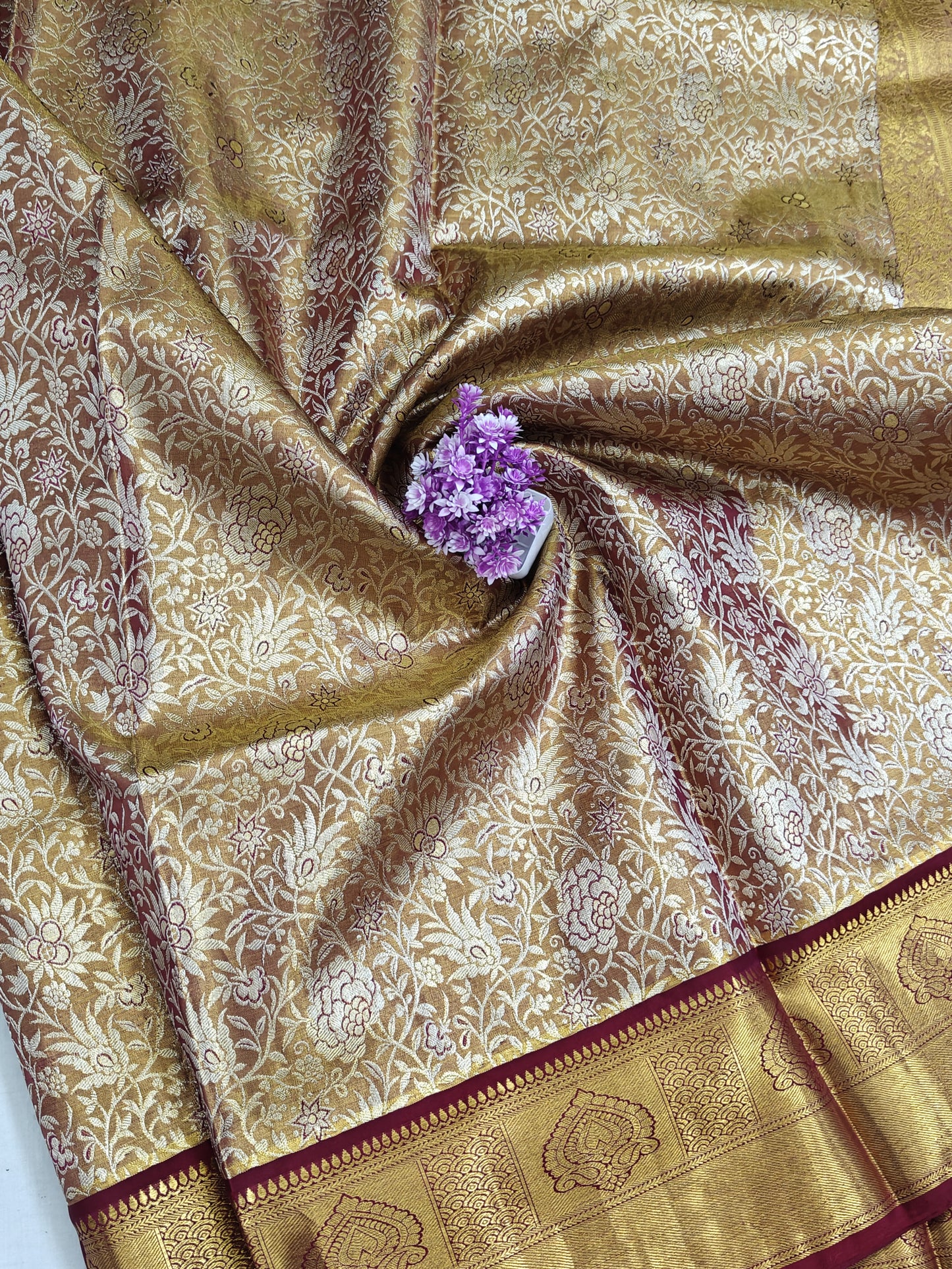 Gold & Silver Zari Tissue Silk Saree with Maroon Border