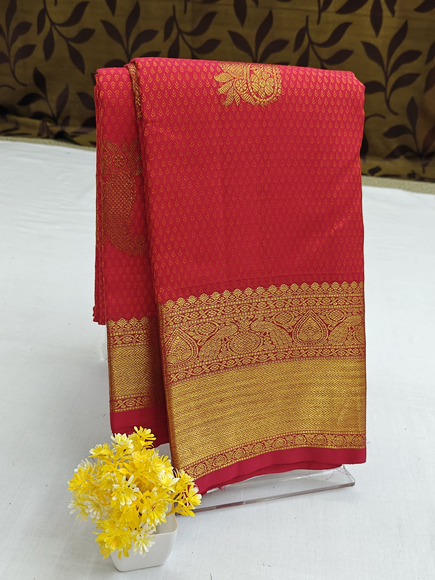 Bright Red Bridal Silk Saree with Gold Border