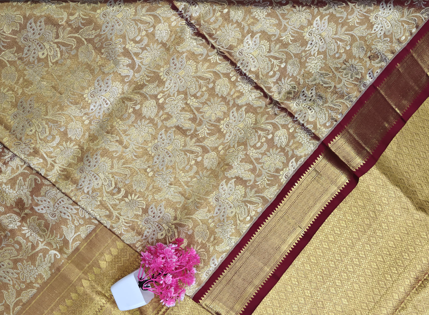 Gold Tissue Silk Saree with Maroon Border