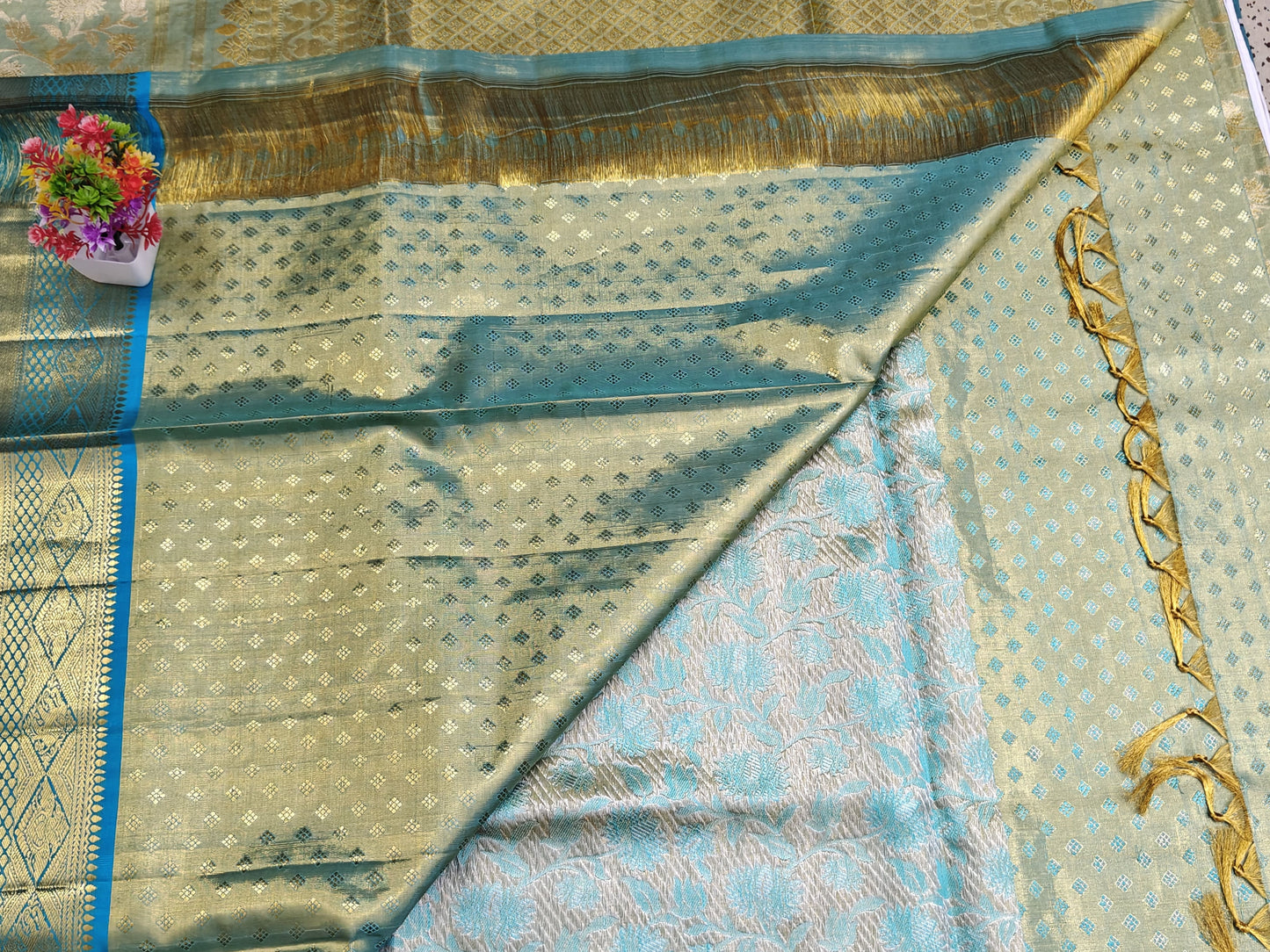 Green Tissue Silk Saree with Sky blue Border