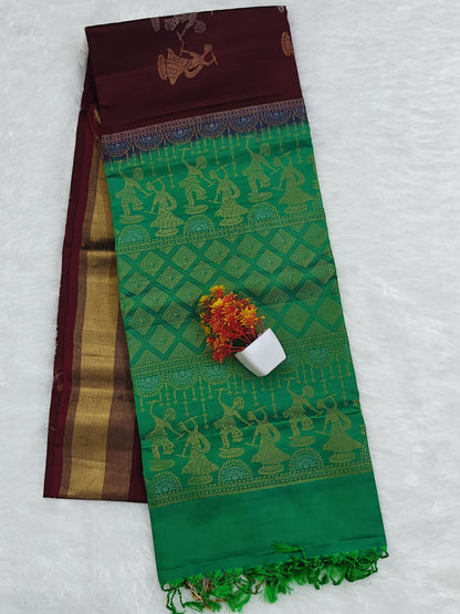 Green & Maroon Soft Silk Saree