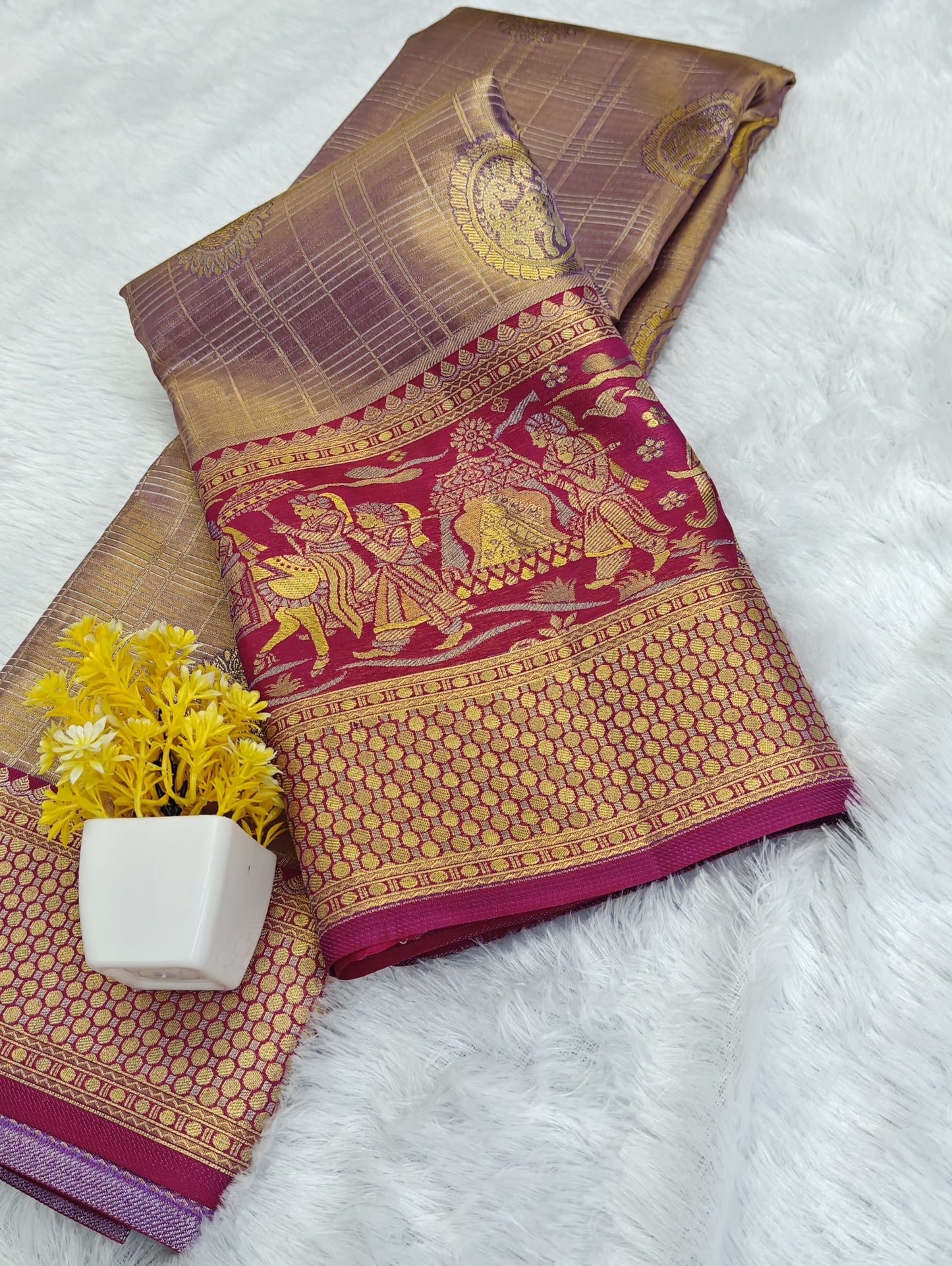 Elegant Beige Tissue Bridal Silk Saree