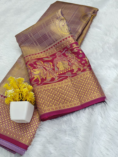Elegant Beige Tissue Bridal Silk Saree