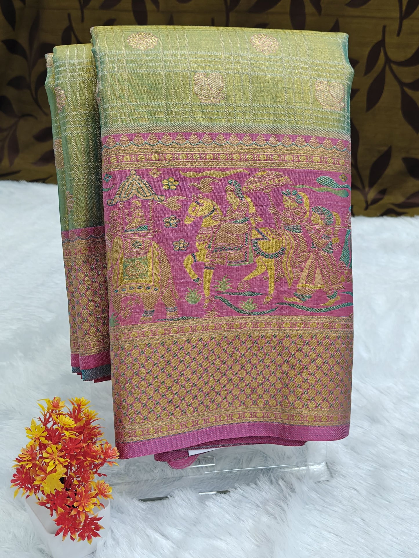 Pastel Green Tissue Bridal Silk Saree & Pink Border