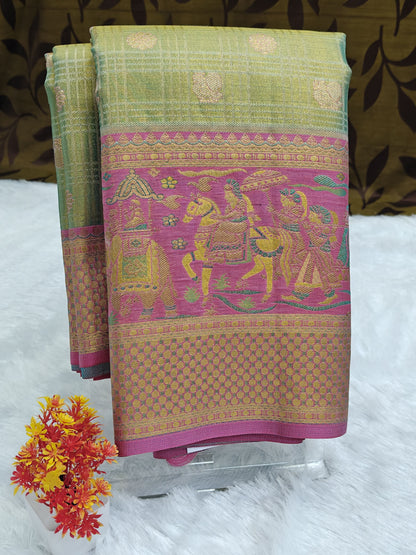 Pastel Green Tissue Bridal Silk Saree & Pink Border
