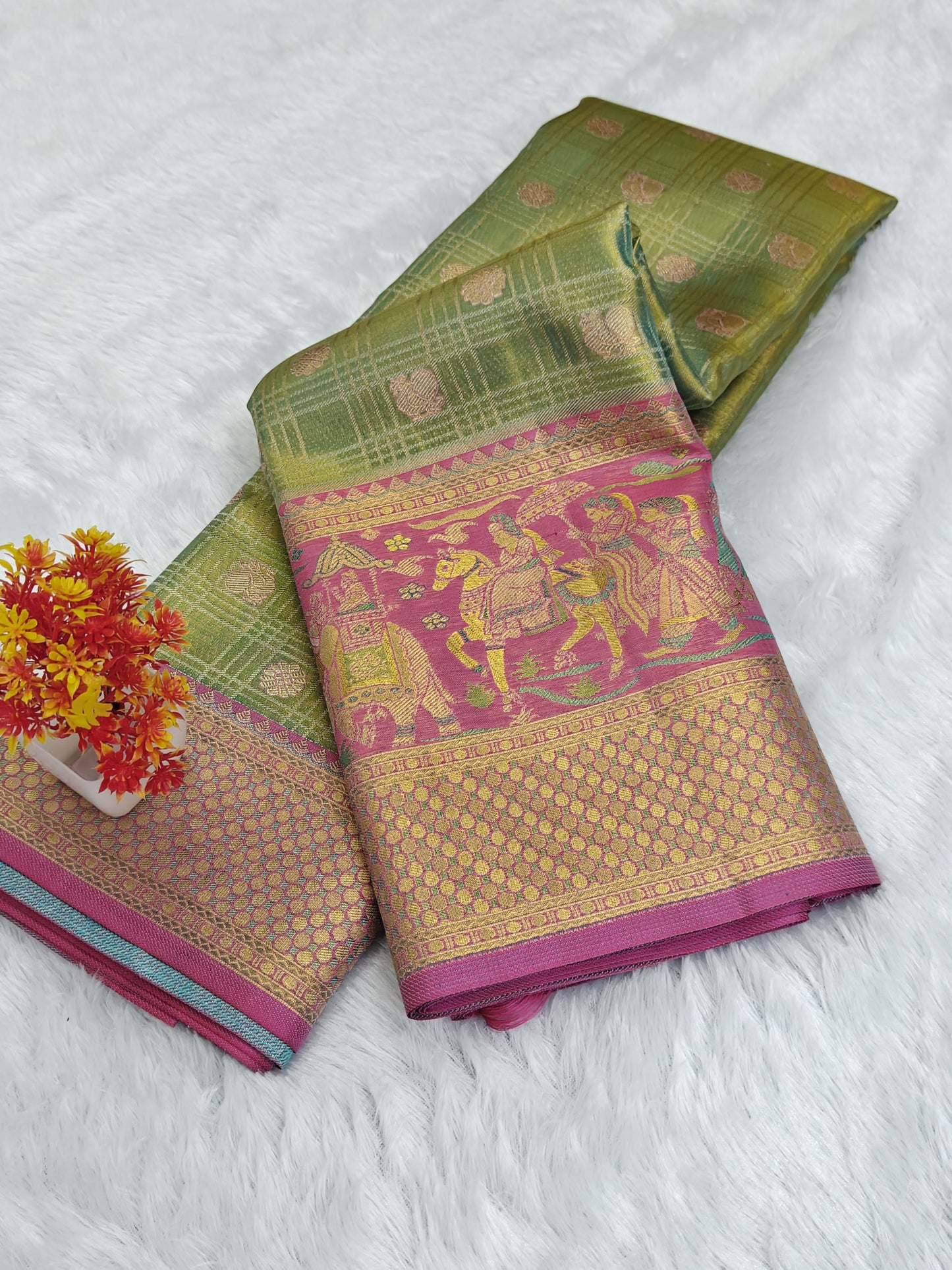 Pastel Green Tissue Bridal Silk Saree & Pink Border