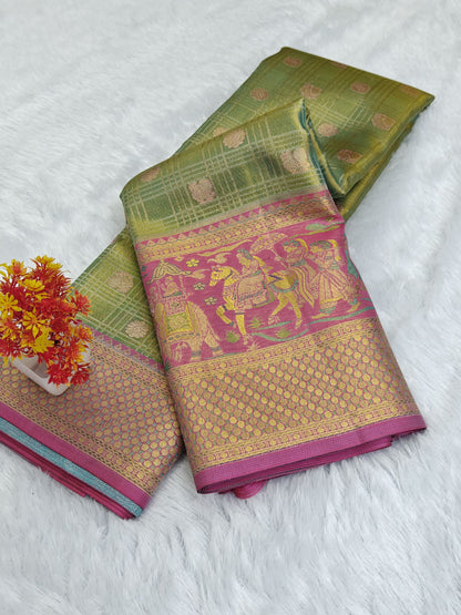 Pastel Green Tissue Bridal Silk Saree & Pink Border