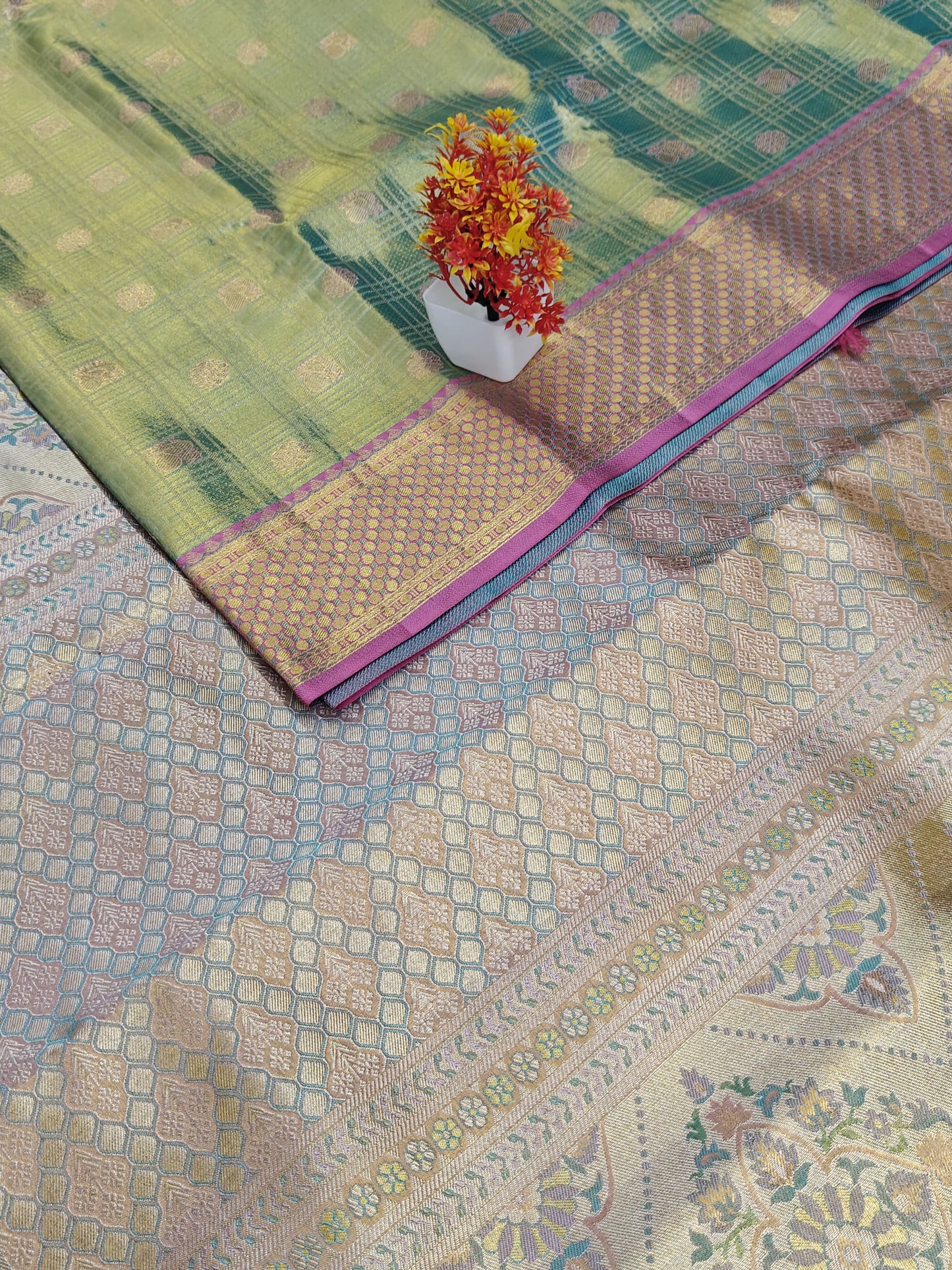 Pastel Green Tissue Bridal Silk Saree & Pink Border