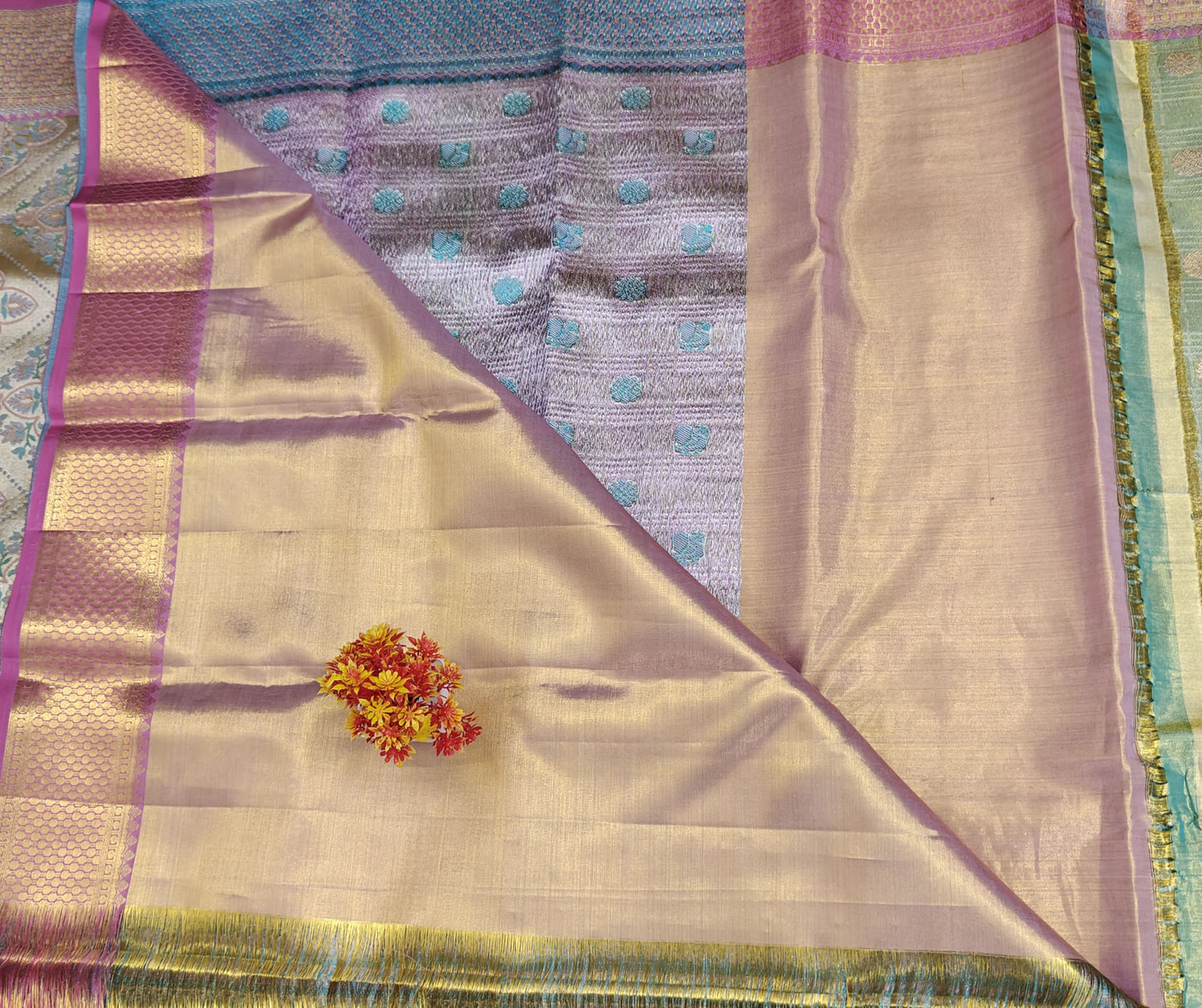 Pastel Green Tissue Bridal Silk Saree & Pink Border