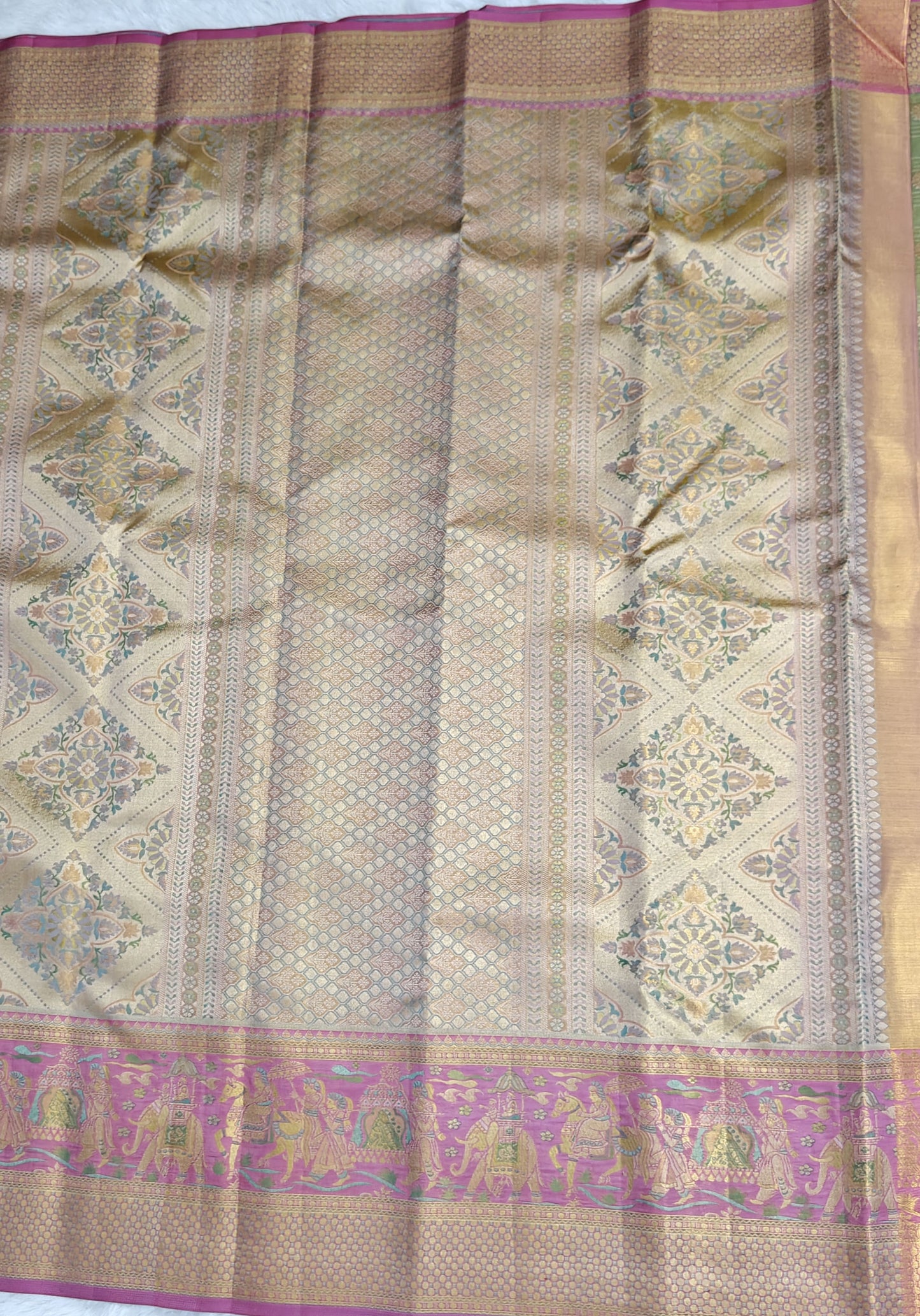 Pastel Green Tissue Bridal Silk Saree & Pink Border