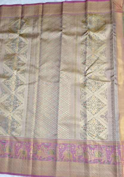 Pastel Green Tissue Bridal Silk Saree & Pink Border
