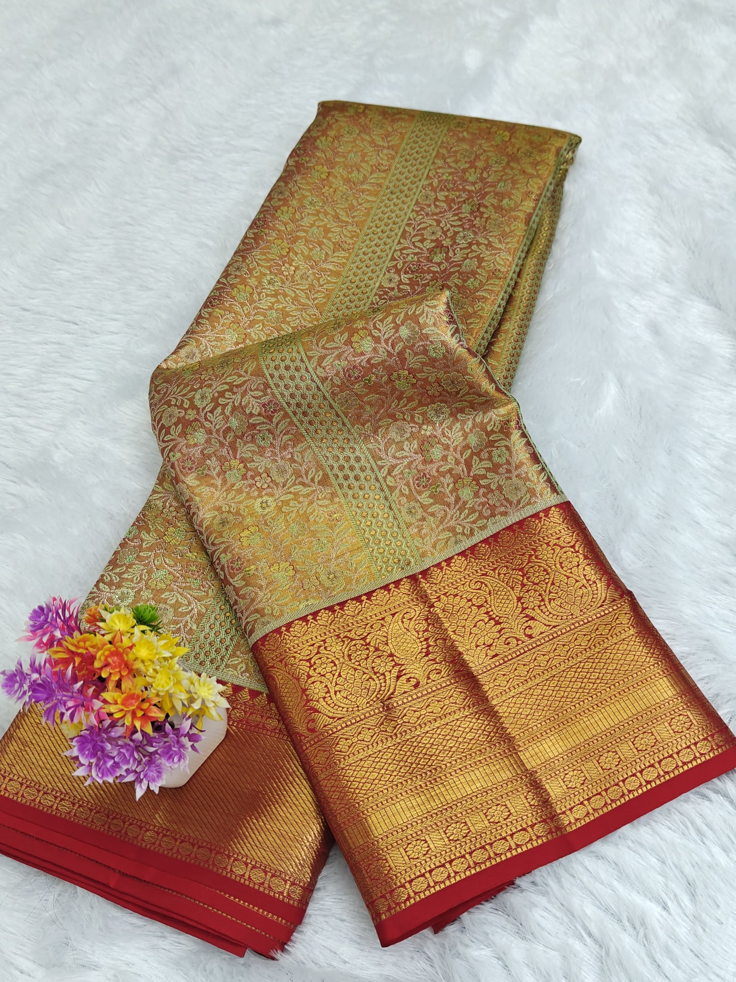 Gold Tissue Bridal Silk Saree with Rich Red Border