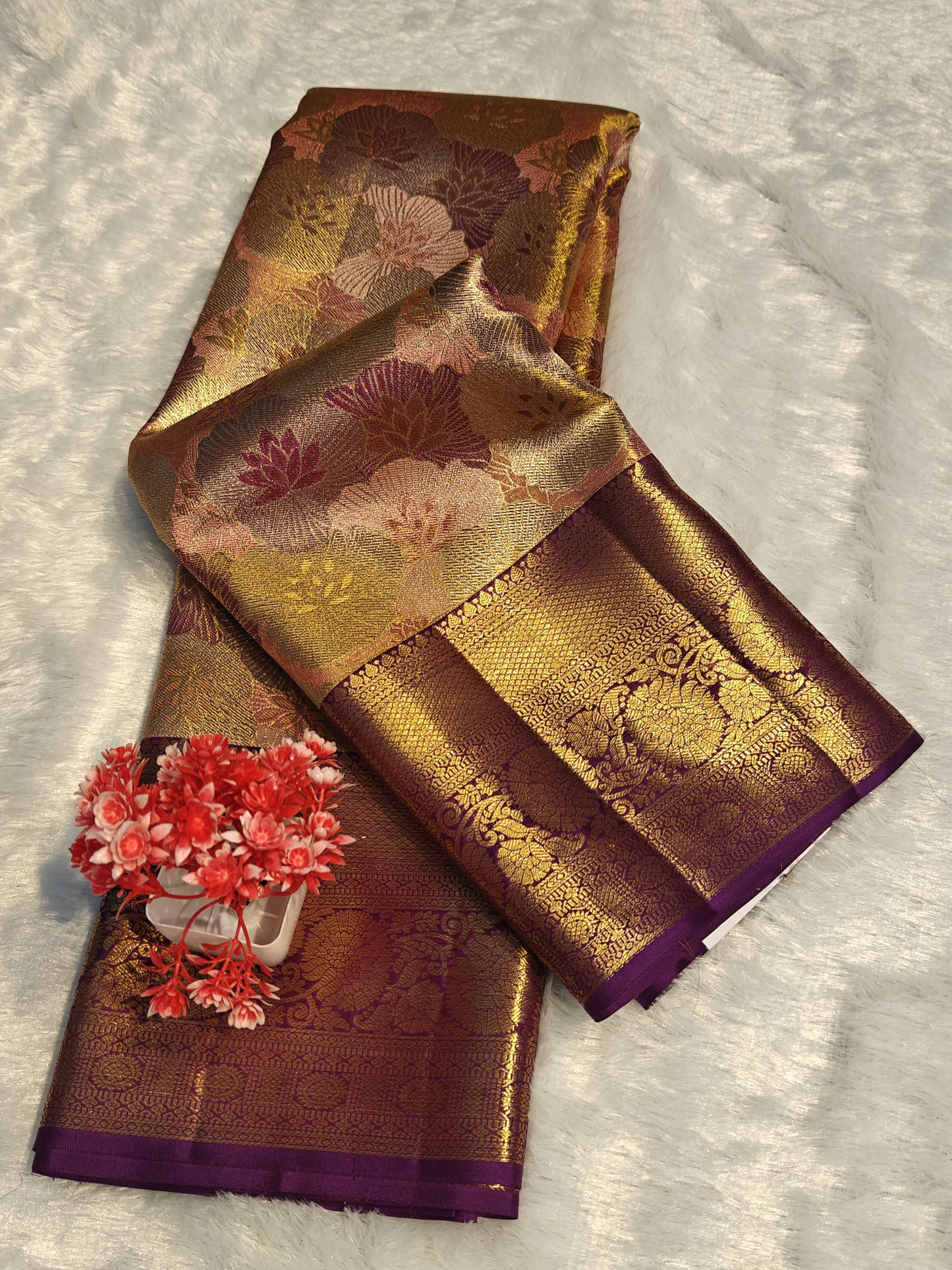 Elegant Peach Tissue Bridal Silk Saree
