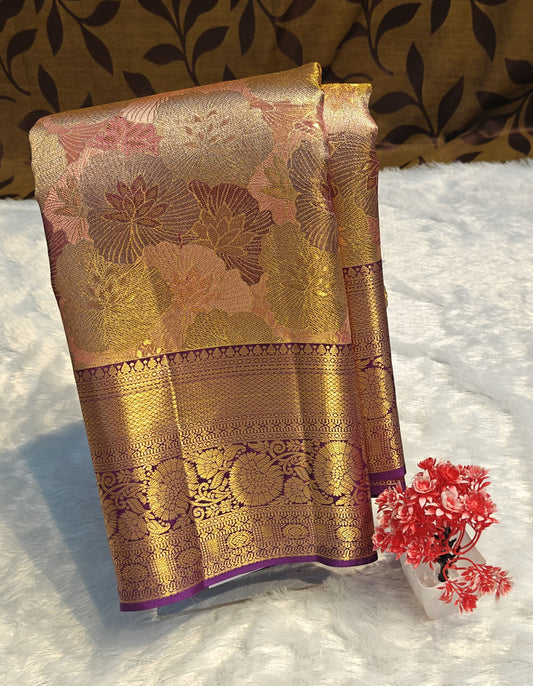 Elegant Peach Tissue Bridal Silk Saree