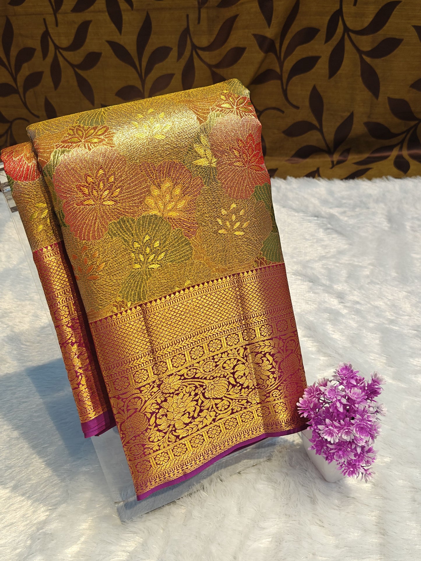 Gold & Multi-Colour Tissue Bridal Silk Saree