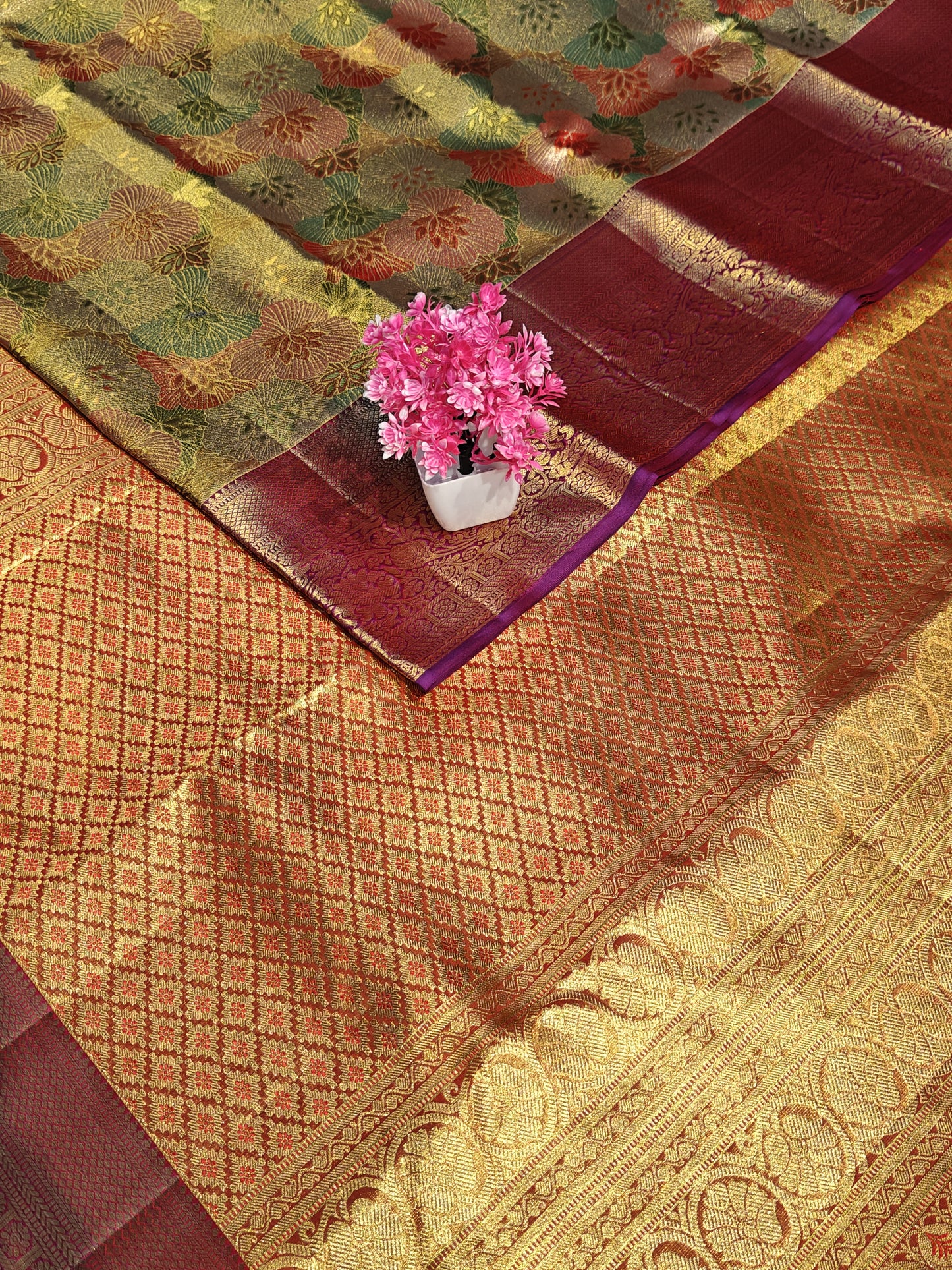 Gold & Multi-Colour Tissue Bridal Silk Saree