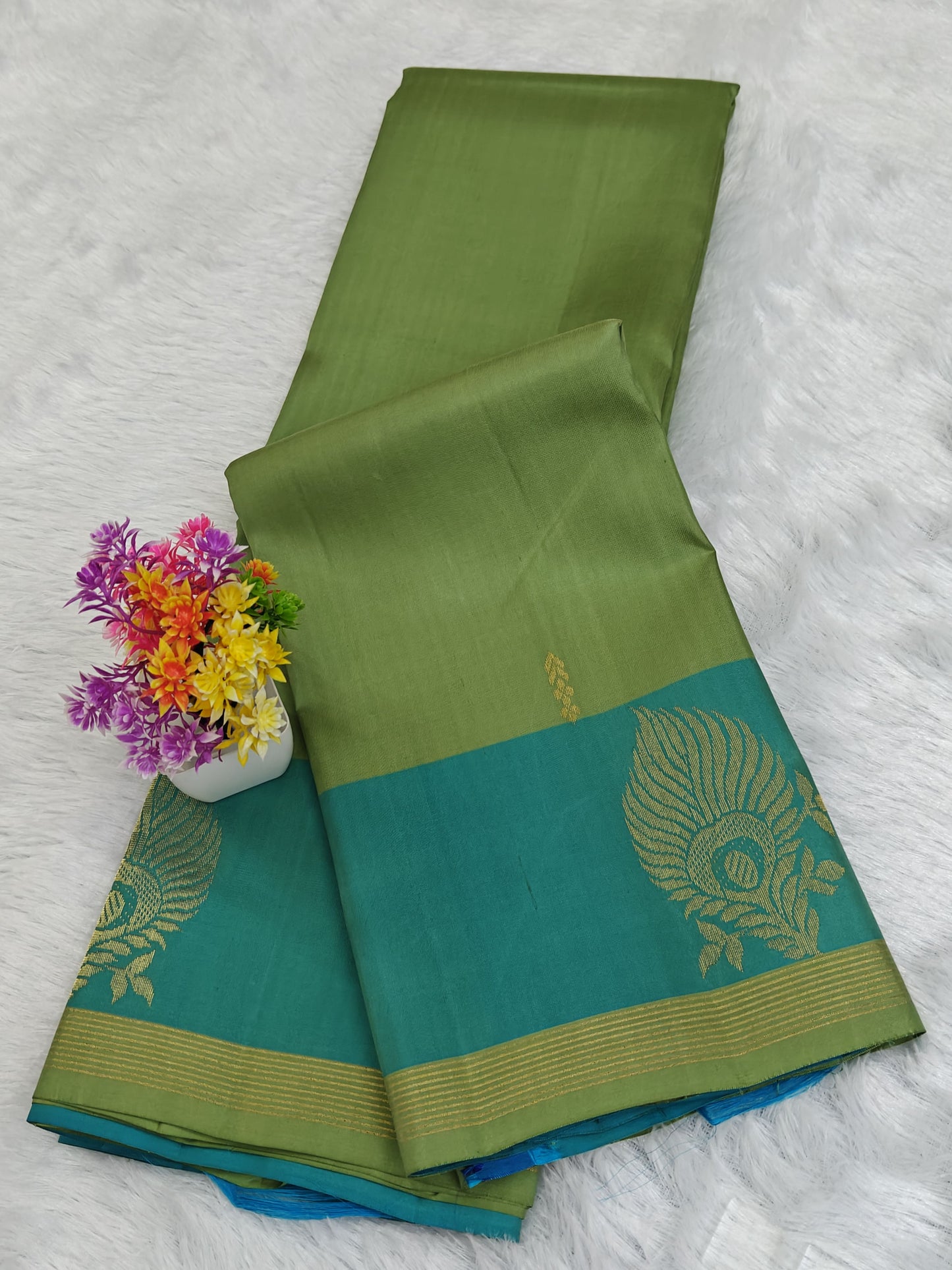 Pista Green with Sky blue Pure Silk Saree