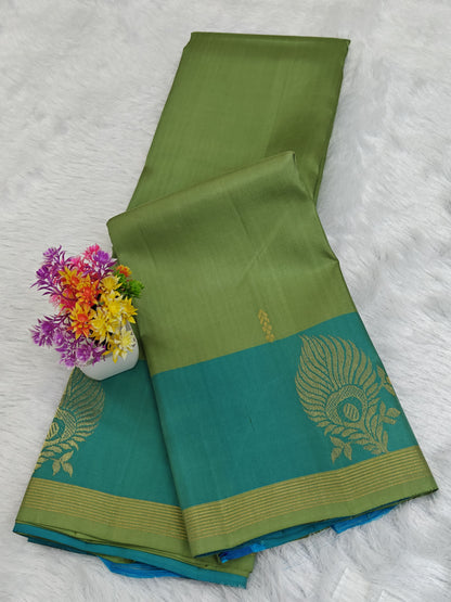 Pista Green with Sky blue Pure Silk Saree