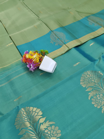 Pista Green with Sky blue Pure Silk Saree