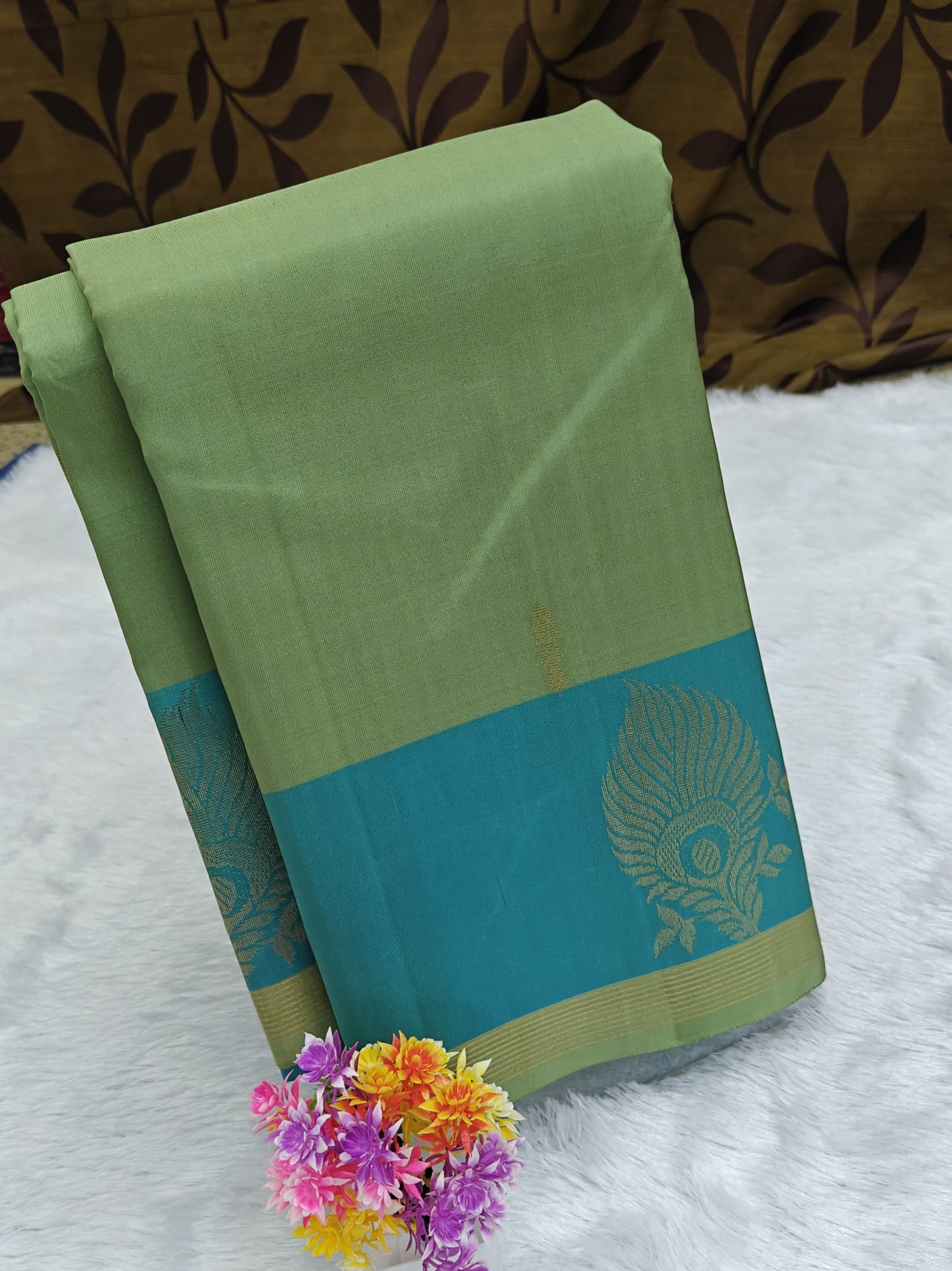 Pista Green with Sky blue Pure Silk Saree
