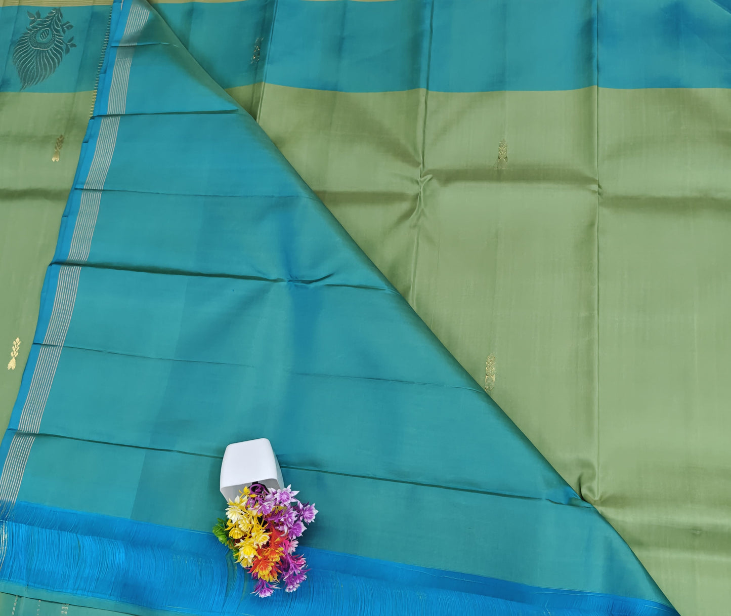 Pista Green with Sky blue Pure Silk Saree