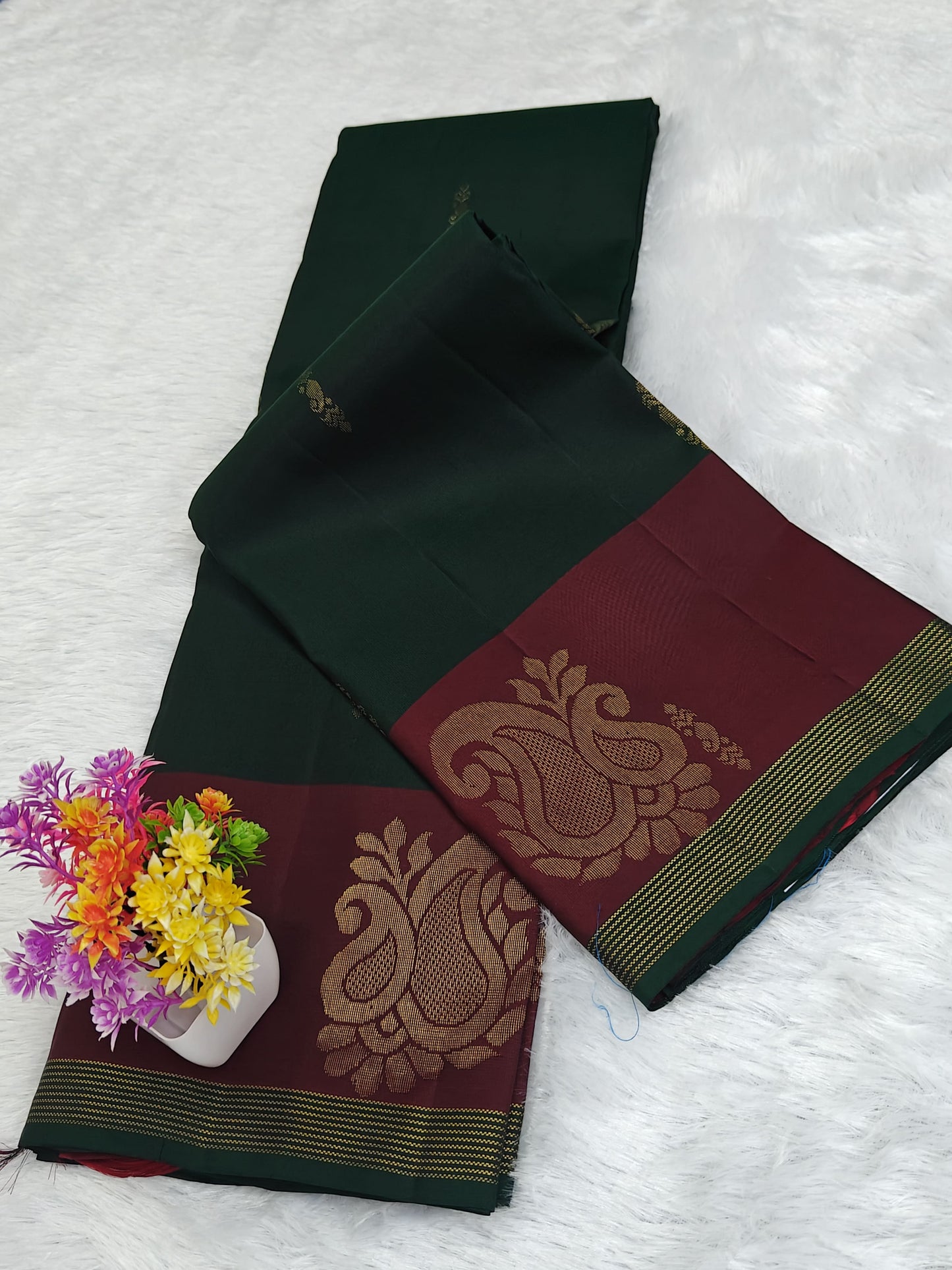 Dark Green & Maroon Pure Silk Saree