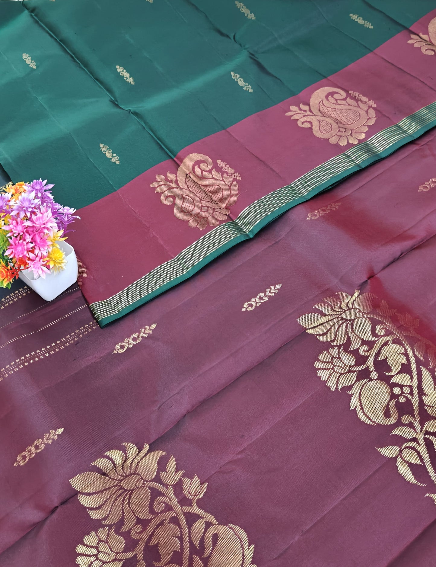 Dark Green & Maroon Pure Silk Saree