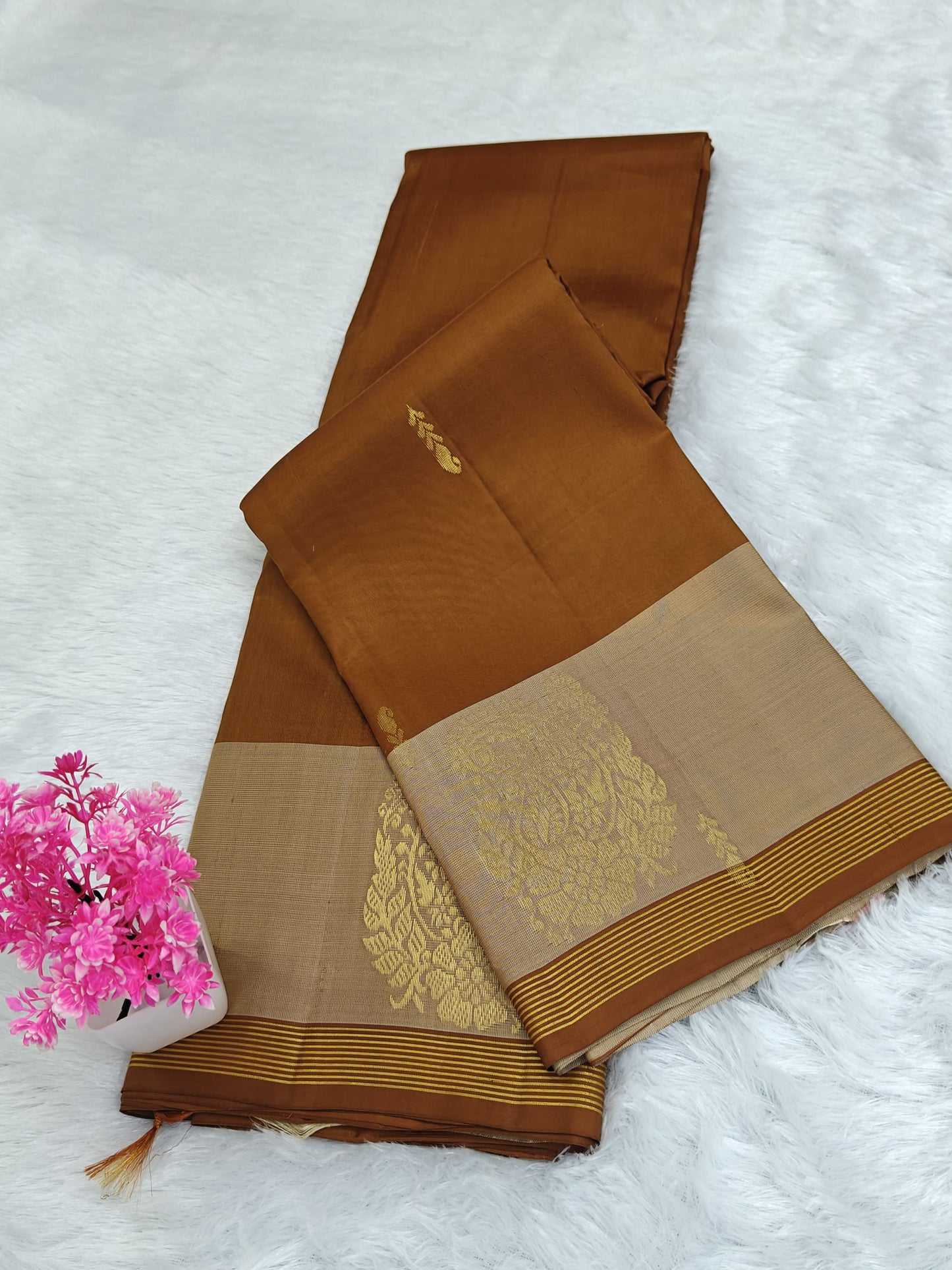 Rust Brown & Off White Border Pure Silk Saree