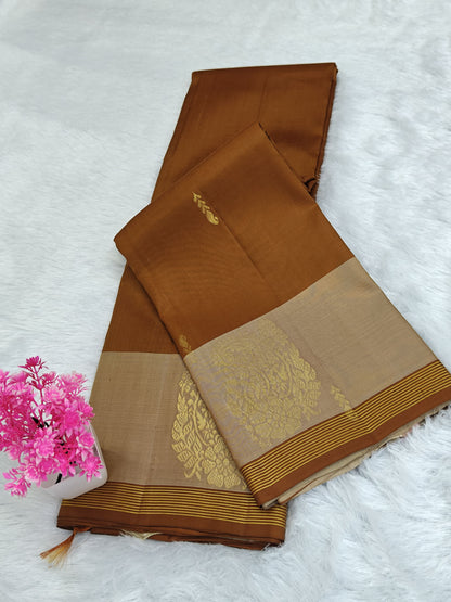 Rust Brown & Off White Border Pure Silk Saree