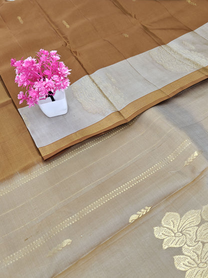Rust Brown & Off White Border Pure Silk Saree